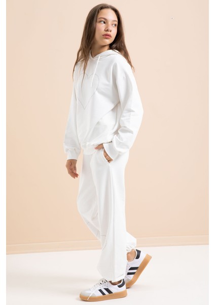 Beyaz Kalp Desenli Kapüşonlu Kız Çocuk Eşofman Takımı 21257 fiyatları