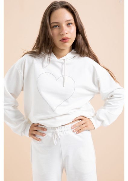 Beyaz Kalp Desenli Kapüşonlu Kız Çocuk Eşofman Takımı 21257 indirimleri
