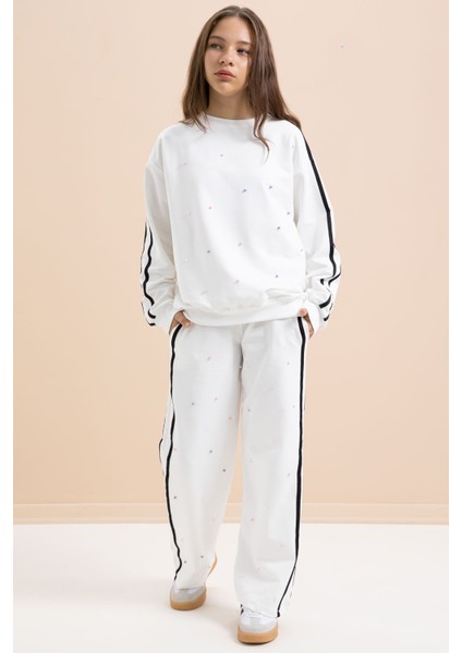 Beyaz Inci Işlemeli Bisiklet Yaka Kız Çocuk Şeritli Eşofman Takımı 21293