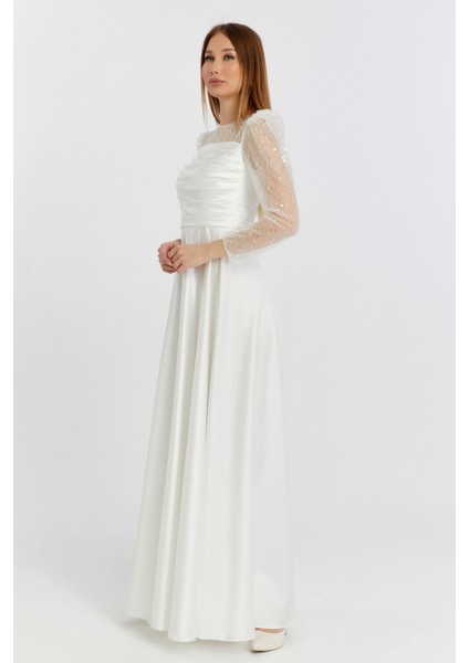 Abiye ve Mezuniyet Elbise Drapeli Inci Boncuk Saten Kadın Abiye Elbise