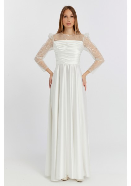 Abiye ve Mezuniyet Elbise Drapeli Inci Boncuk Saten Kadın Abiye Elbise modelleri