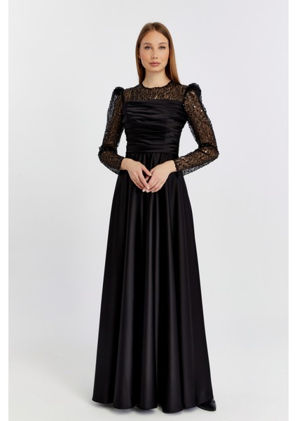 Abiye ve Mezuniyet Elbise Drapeli Inci Boncuk Saten Kadın Abiye Elbise