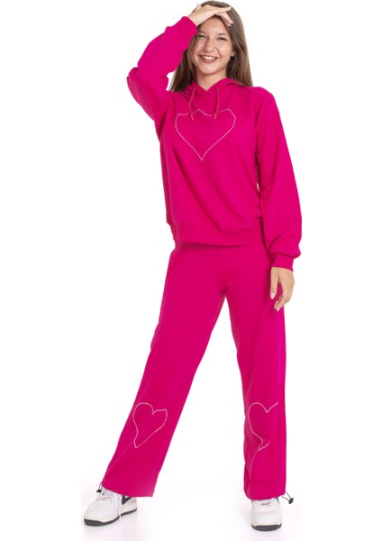 Fuşya Kalp Desenli Kapüşonlu Kız Çocuk Eşofman Takımı 21258 fiyatları