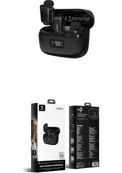 LM206 Dijital LED Göstergeli Type-C Portlu Kablosuz Yaka Mikrofonu Siyah