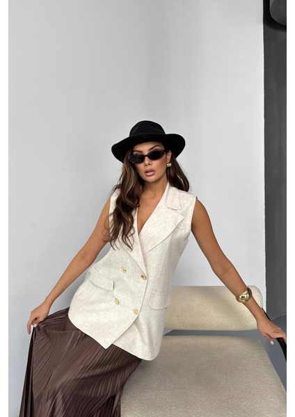 Gold Düğmeli Keten Yelek - Ham fiyatları