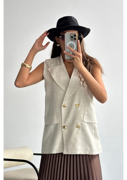 Gold Düğmeli Keten Yelek - Ham fırsatları