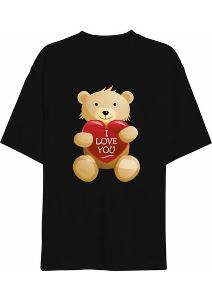 Sevgililer Günü Için Özel Tasarım I Love You Ayı Baskılı T-Shirt - Siyah