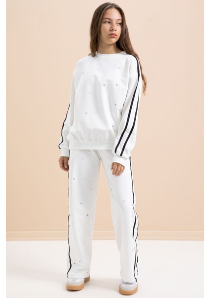 Beyaz Inci Işlemeli Bisiklet Yaka Kız Çocuk Şeritli Eşofman Takımı 21293 fiyatları