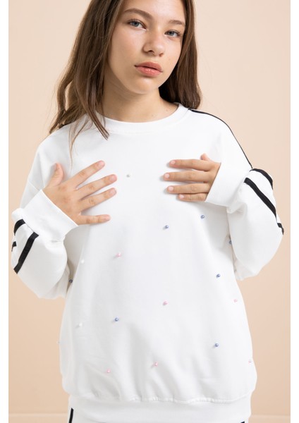 Beyaz Inci Işlemeli Bisiklet Yaka Kız Çocuk Şeritli Eşofman Takımı 21293 modelleri