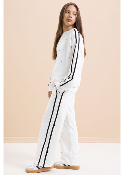 Beyaz Inci Işlemeli Bisiklet Yaka Kız Çocuk Şeritli Eşofman Takımı 21293 indirimleri