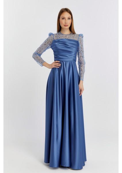 Abiye ve Mezuniyet Elbise Drapeli Inci Boncuk Saten Kadın Abiye Elbise