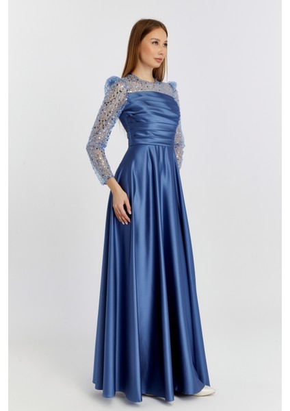 Abiye ve Mezuniyet Elbise Drapeli Inci Boncuk Saten Kadın Abiye Elbise modelleri