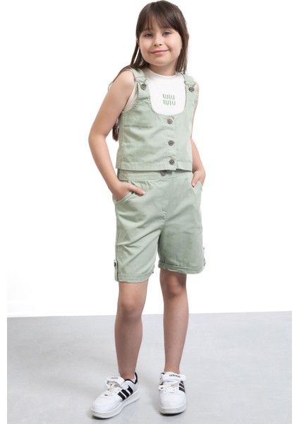 Haki Sıfır Kol Badili Düğmeli Yelekli Kız Çocuk 3lü Şortlu Takım 21035