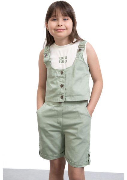 Haki Sıfır Kol Badili Düğmeli Yelekli Kız Çocuk 3lü Şortlu Takım 21035 fiyatları