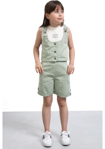 Haki Sıfır Kol Badili Düğmeli Yelekli Kız Çocuk 3lü Şortlu Takım 21035 modelleri