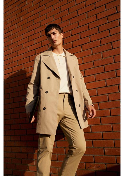Slim Fit Dar Kesim Astarlı Düğmeli Cepli Kemerli Mevsimlik Baharlık Trençkot D5528AX25AU