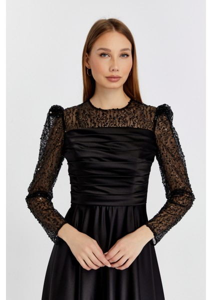 Abiye ve Mezuniyet Elbise Drapeli Inci Boncuk Saten Kadın Abiye Elbise