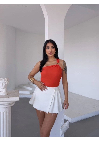 Tek Omuzlu Otoman Kumaş Gold Metal Detaylı Turuncu Bluz fiyatları