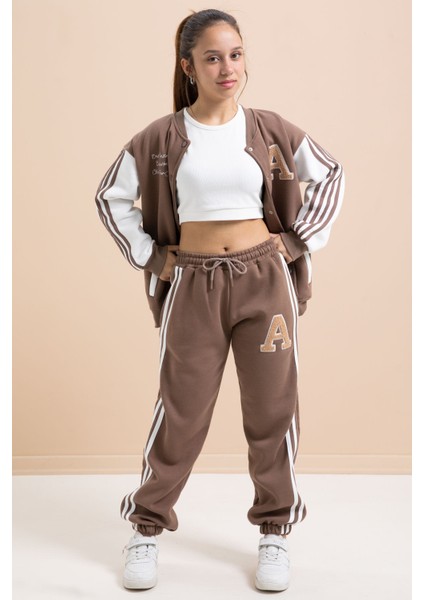 Kahve Yazılı Kolej Ceketli Kız Çocuk Şeritli 3 Iplik Şardonlu Eşofman Takımı 21295