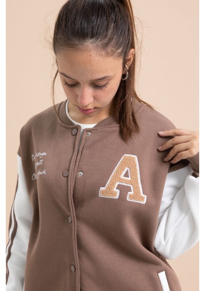 Kahve Yazılı Kolej Ceketli Kız Çocuk Şeritli 3 Iplik Şardonlu Eşofman Takımı 21295 fırsatları