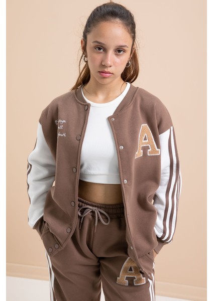 Kahve Yazılı Kolej Ceketli Kız Çocuk Şeritli 3 Iplik Şardonlu Eşofman Takımı 21295 indirimleri