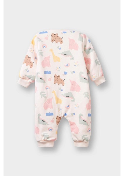 Kız Bebek 1 Tog Elyaf Dinozor Baskılı Uzun Kollu Fermuarlı Tulum F2186A525AU