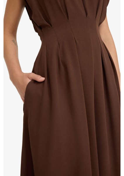 Bisiklet Yaka Keten Karışımlı Kısa Kollu Maxi Elbise G1461AX25AU