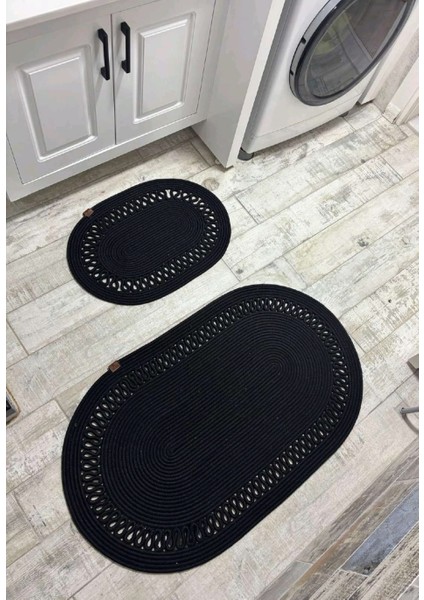 Jüt Hasır 2li Banyo Paspas Takımı-Siyah Trikotlu