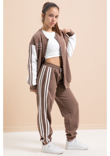 Kahve Yazılı Kolej Ceketli Kız Çocuk Şeritli 3 Iplik Şardonlu Eşofman Takımı 21295 fiyatları