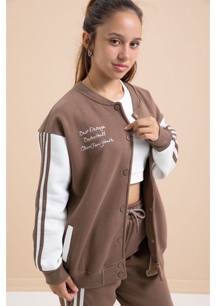 Kahve Yazılı Kolej Ceketli Kız Çocuk Şeritli 3 Iplik Şardonlu Eşofman Takımı 21295 modelleri