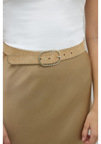 %100 Deri Gold Toka Detaylı Kemer Bej K2682101_024