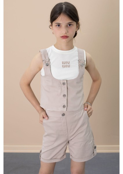 Bej Sıfır Kol Badili Düğmeli Yelekli Kız Çocuk 3lü Şortlu Takım 21033