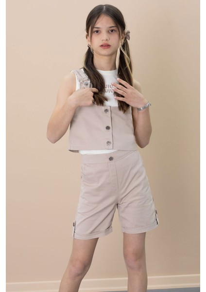 Bej Sıfır Kol Badili Düğmeli Yelekli Kız Çocuk 3lü Şortlu Takım 21033 fiyatları