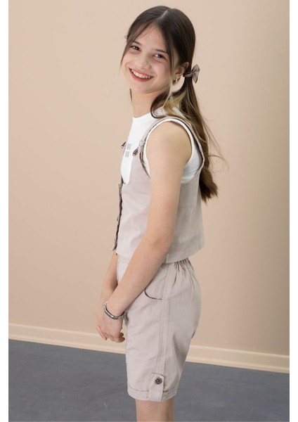 Bej Sıfır Kol Badili Düğmeli Yelekli Kız Çocuk 3lü Şortlu Takım 21033 modelleri