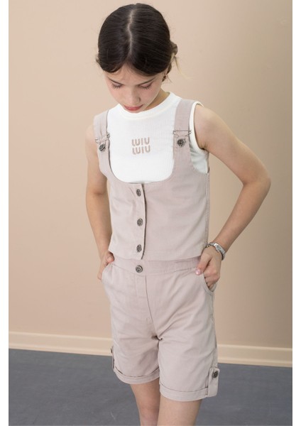 Bej Sıfır Kol Badili Düğmeli Yelekli Kız Çocuk 3lü Şortlu Takım 21033 fırsatları