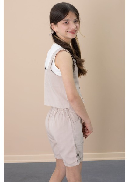 Bej Sıfır Kol Badili Düğmeli Yelekli Kız Çocuk 3lü Şortlu Takım 21033 indirimleri