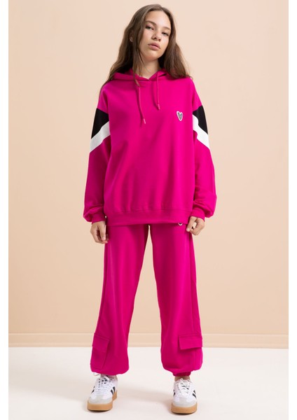 Fuşya Kargo Cepli Kız Çocuk Logolu Ikili Takım 21299