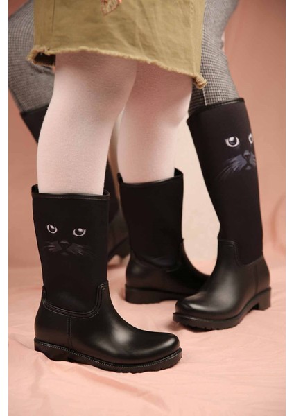 Çocuk Kedi Bıyıklı Yağmur Botu Siyah modelleri