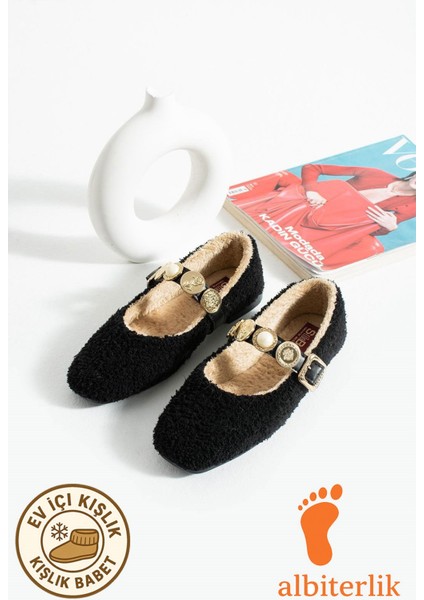 Kadın Kışlık Taşlı Tokalı Peluş Yünlü Ev Babet Çeyiz Bohça Pofuduk Ev Içi Dış Mekan Babet