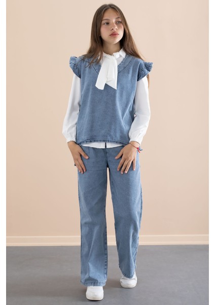 Kız Çocuk Fular Detaylı Beyaz Gömlekli Jean Takım 21097