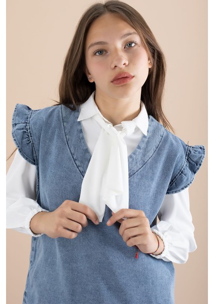 Kız Çocuk Fular Detaylı Beyaz Gömlekli Jean Takım 21097 fiyatları