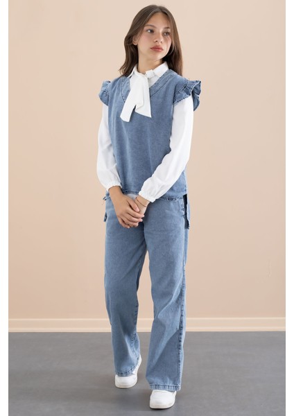 Kız Çocuk Fular Detaylı Beyaz Gömlekli Jean Takım 21097 modelleri