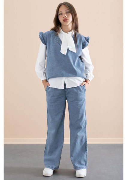 Kız Çocuk Fular Detaylı Beyaz Gömlekli Jean Takım 21097 fırsatları