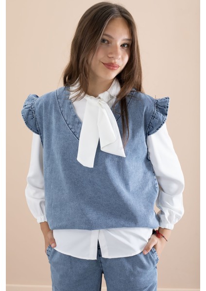 Kız Çocuk Fular Detaylı Beyaz Gömlekli Jean Takım 21097 indirimleri