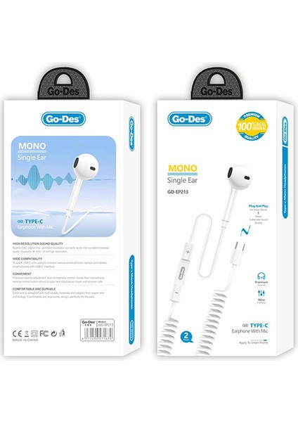 Go Des GD-EP213 Type-C Portlu Mono Tek Kulaklık Beyaz modelleri