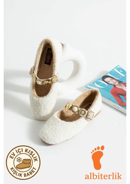 Kadın Kışlık Taşlı Tokalı Peluş Yünlü Ev Babet Çeyiz Bohça Pofuduk Ev Içi Dış Mekan Babet