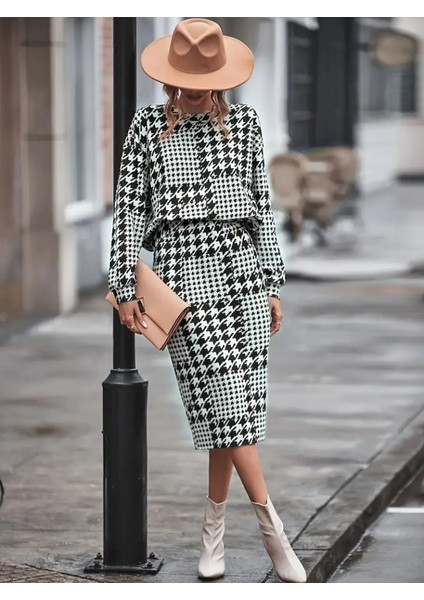 Kadın Uzun Kollu Bisiklet Yaka Şardonlu Dalgıç Bluz ve Yırtmaçlı Midi Etek Takım indirimleri