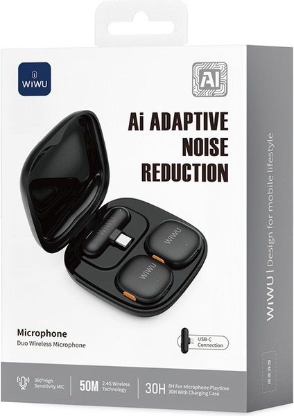 WI-WM006 2in1 Type-C Portlu Yapay Zeka Destekli Anc Özellikli Kablosuz Yaka Mikrofonu Siyah