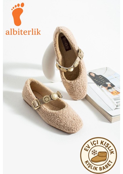 Kadın Kışlık Taşlı Tokalı Peluş Yünlü Ev Babet Çeyiz Bohça Pofuduk Ev Içi Dış Mekan Babet