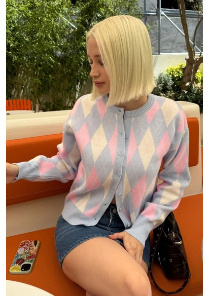 Mavi Baklava Desenli Bisiklet Yaka Kadın Hırka MG2496 modelleri